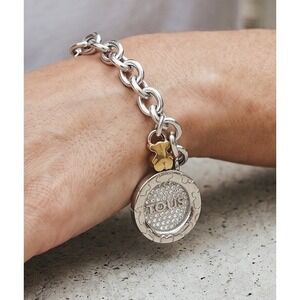 Tous Silver Tone Crystal Logo Charm Chain Bracelet Womens 7.5 Inch Bear Pendant